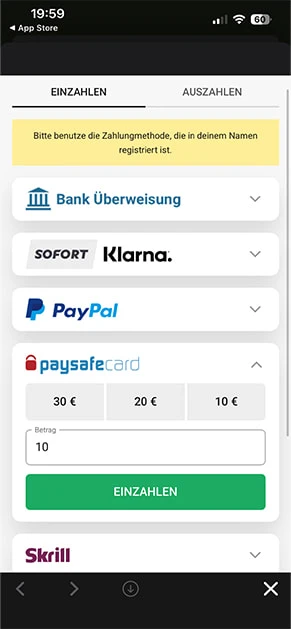 Der Kassenbereich von LeoVegas mit den wichtigsten Zahlungsmethoden, darunter auch die PaysafeCard.