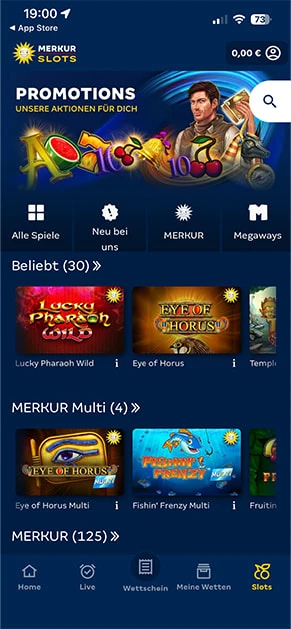 Die Lobby von Merkur Slots mit Slot-Spielen und den unterschiedlichen Kategorien in der Übersicht.