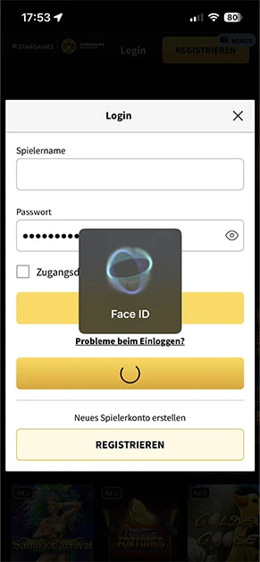 Login-Bildschirm der StarGames App auf einem Smartphone, bei dem die Anmeldung per Face ID erfolgt.