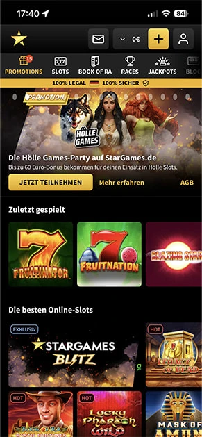 Die Lobby von StarGames mit allen Angeboten in der Übersicht.