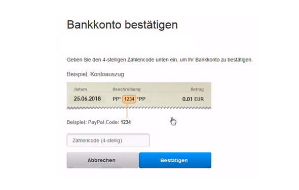 Ihr erhaltet von PayPal eine Überweisung von einem Cent und gebt den im Verwendungszeck angegeben Code als Bestätigung bei PayPal an. So ist sichergestellt, dass ihr der Kontoinhaber seid.