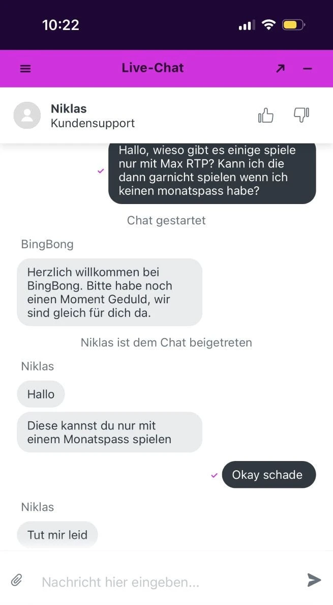 Ein Chatverlauf mit dem Kundendienst von BingBong.