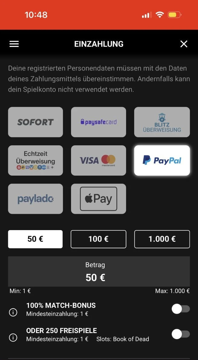 Der Kassenbereich von SlotMagie mit allen verfügbaren Zahlungsmethoden als Logos dargestellt.