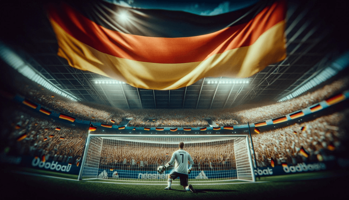 Abbildung eines Torhüters vor deutschen Fußballfans im Stadion.
