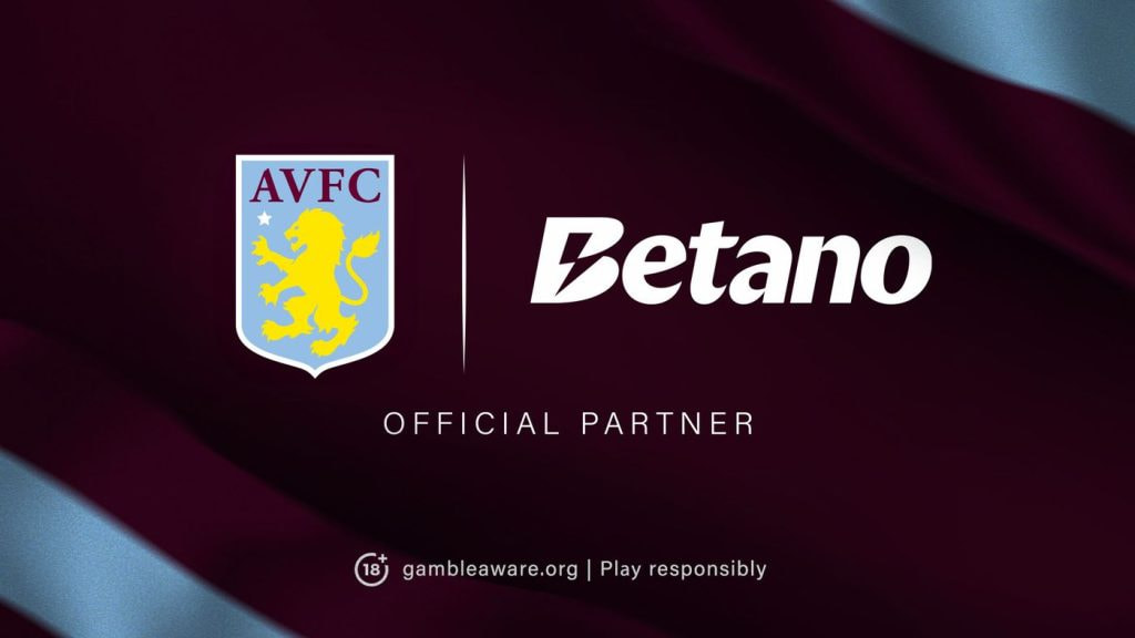 Plakat für die offizielle Partnerschaft zwischen Aston Villa und dem Sportwettenanbieter Betano.