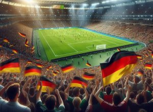 Darstellung von Fußballfans mit Deutschlandfahnen in einem Fußballstadion 
