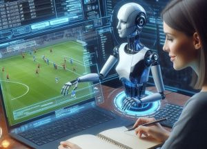 Darstellung einer Frau, die Sportwetten an ihrem Laptop abgibt und dabei von einem KI-Roboter unterstützt wird. 