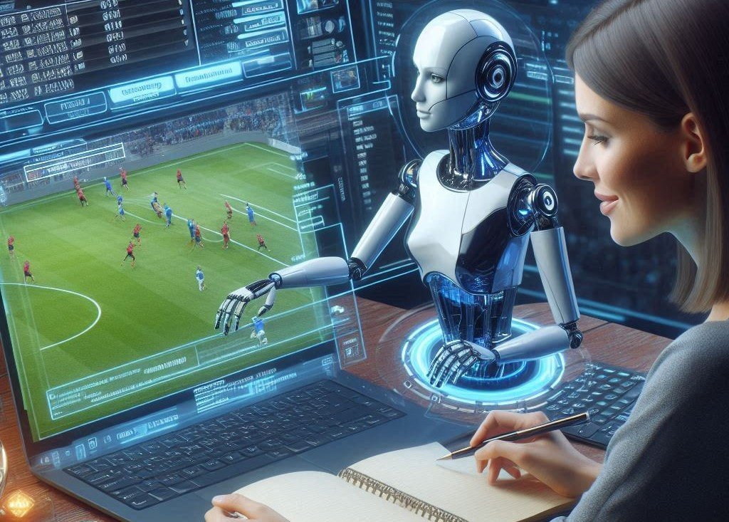 Darstellung einer Frau, die Sportwetten an ihrem Laptop abgibt und dabei von einem KI-Roboter unterstützt wird.