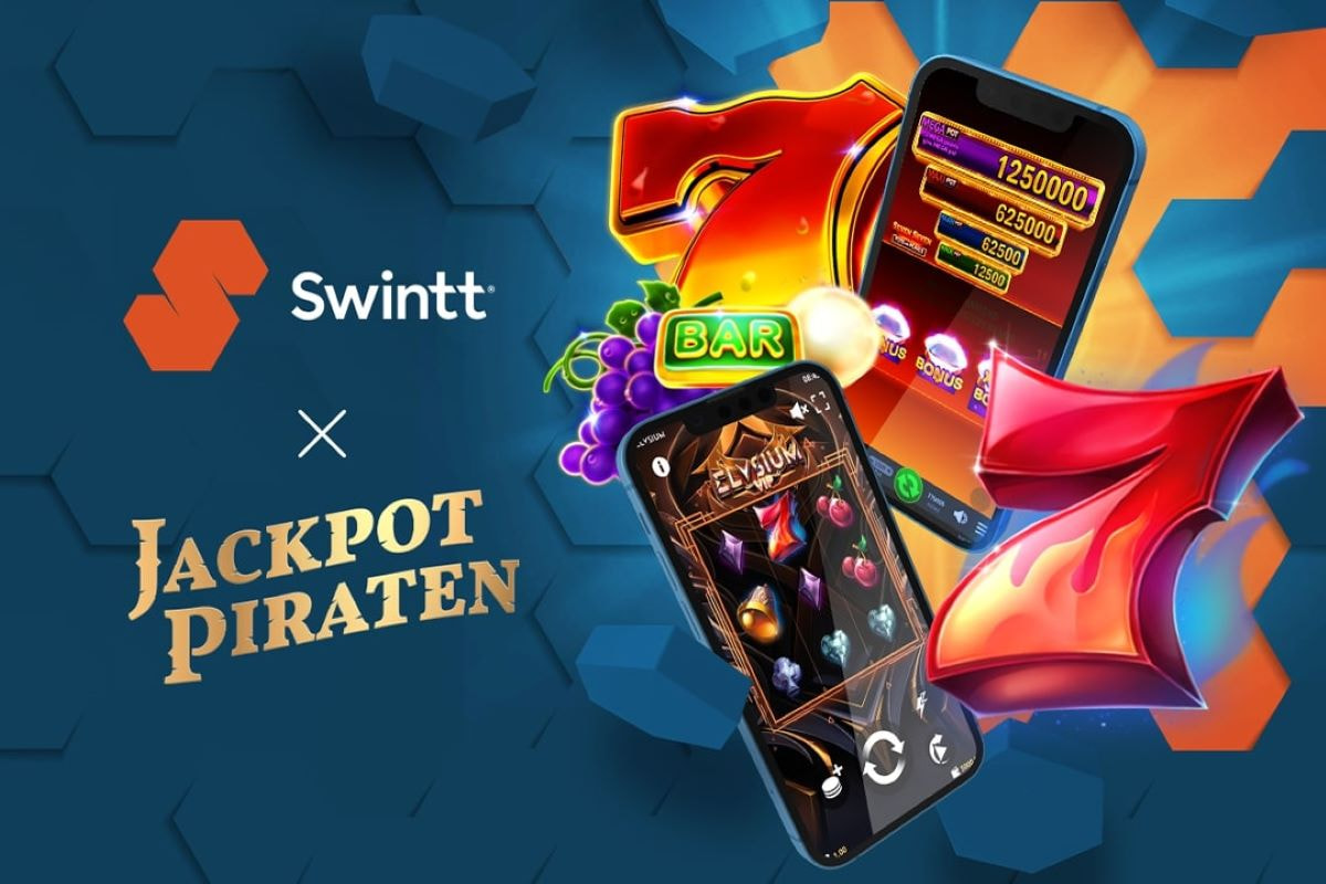 Logos von Swintt und Jackpotpiraten neben Glücksspielsymbolen