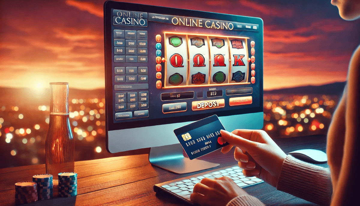 Darstellung einer Frau mit einer Kreditkarte in der Hand, die an einem Laptop in einem Online Casino spielt.