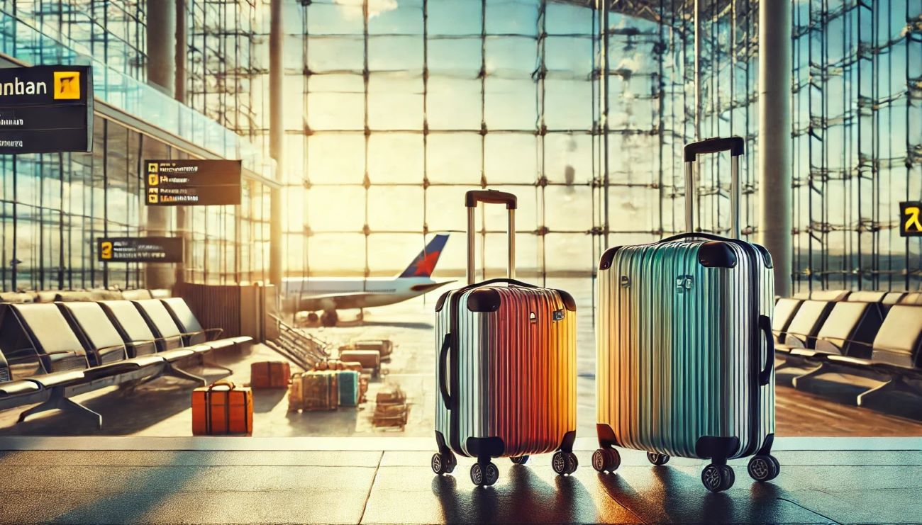 Zwei Urlaubskoffer an einem Flughafen