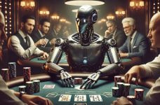 Ein Roboter sitzt am Pokertisch voller Pokerchips und Karten gegenüber echter Pokerspieler und schaut aufmerksam auf seine Karten in der Hand.