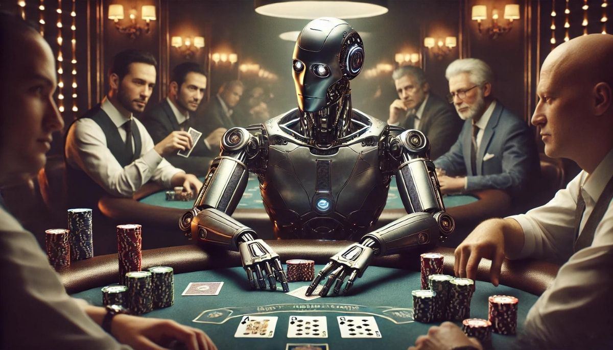 Ein Roboter sitzt am Pokertisch voller Pokerchips und Karten gegenüber echter Pokerspieler und schaut aufmerksam auf seine Karten in der Hand.