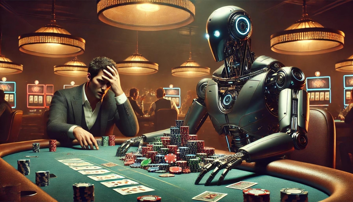 Ein Roboter sitzt am Pokertisch und vor ihm ein Haufen Pokerchips, während sich sein menschlicher Gegner gegenüber fassungslos an den Kopf fasst.