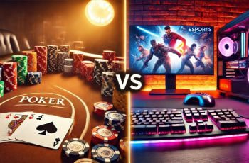 Ein direkter Vergleich zwischen Poker, symbolisiert durch Pokerchips und Spielkarten auf dem Tisch, und eSports, dargestellt durch eine Halle voll mit eSports-Spielern die Call of Duty spielen, wobei die Begriffe "Poker" und "eSports" jeweils gegenübergestellt werden und die beiden Bilder durch den Begriff „vs“ getrennt sind.