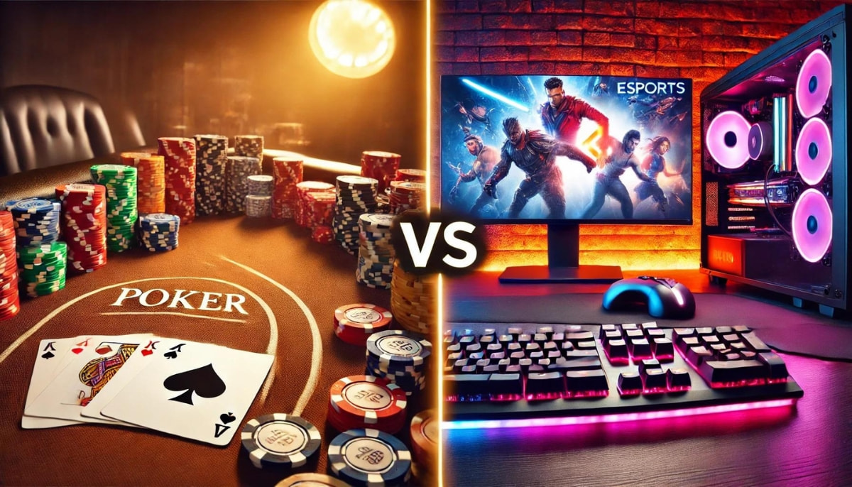 Ein direkter Vergleich zwischen Poker, symbolisiert durch Pokerchips und Spielkarten auf dem Tisch, und eSports, dargestellt durch eine Halle voll mit eSports-Spielern die Call of Duty spielen, wobei die Begriffe "Poker" und "eSports" jeweils gegenübergestellt werden und die beiden Bilder durch den Begriff „vs“ getrennt sind.