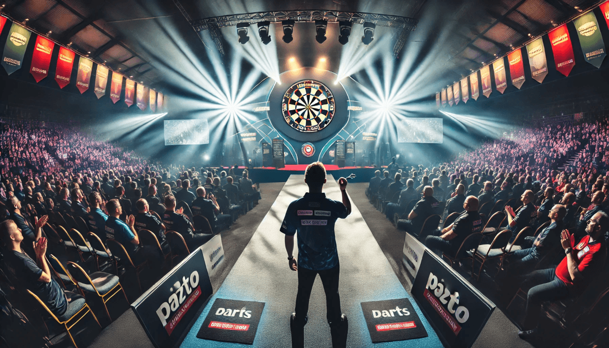 Ein Dartsspieler in einer vollen Halle auf dem Weg zur Bühne.