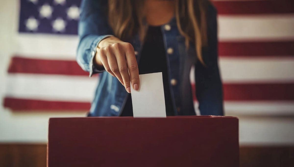 Aufnahme einer Frau, die ihren Stimmzettel in die Wahlurne wirft.