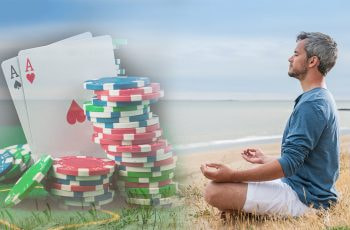 Meditierender Mann und Spielkarten sowie Pokerchips.