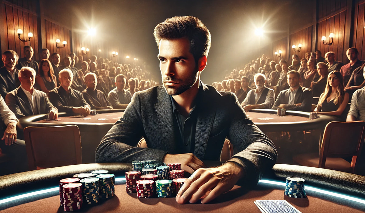 Nachdenklicher Pokerspieler mit geschlossener Körperhaltung. Auf dem Tisch liegen Pokerchips und andere Spiele schauen zu.