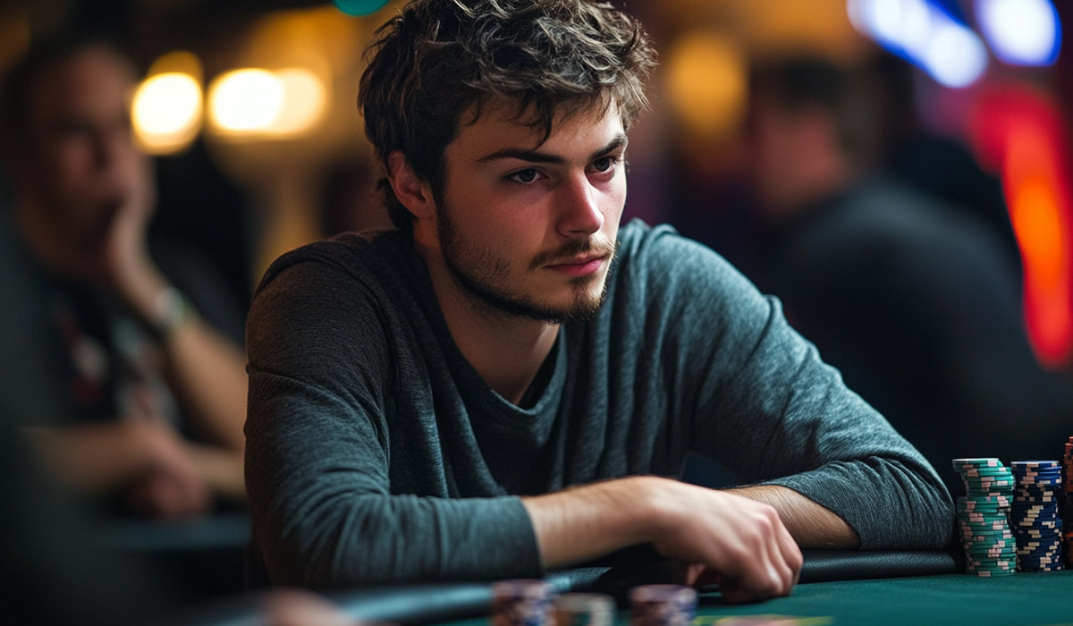 Ein Pokerspieler sitzt alleine und nachdenklich am Pokertisch und reflektiert sein Spiel. Auf dem Tisch liegen Pokerchips.