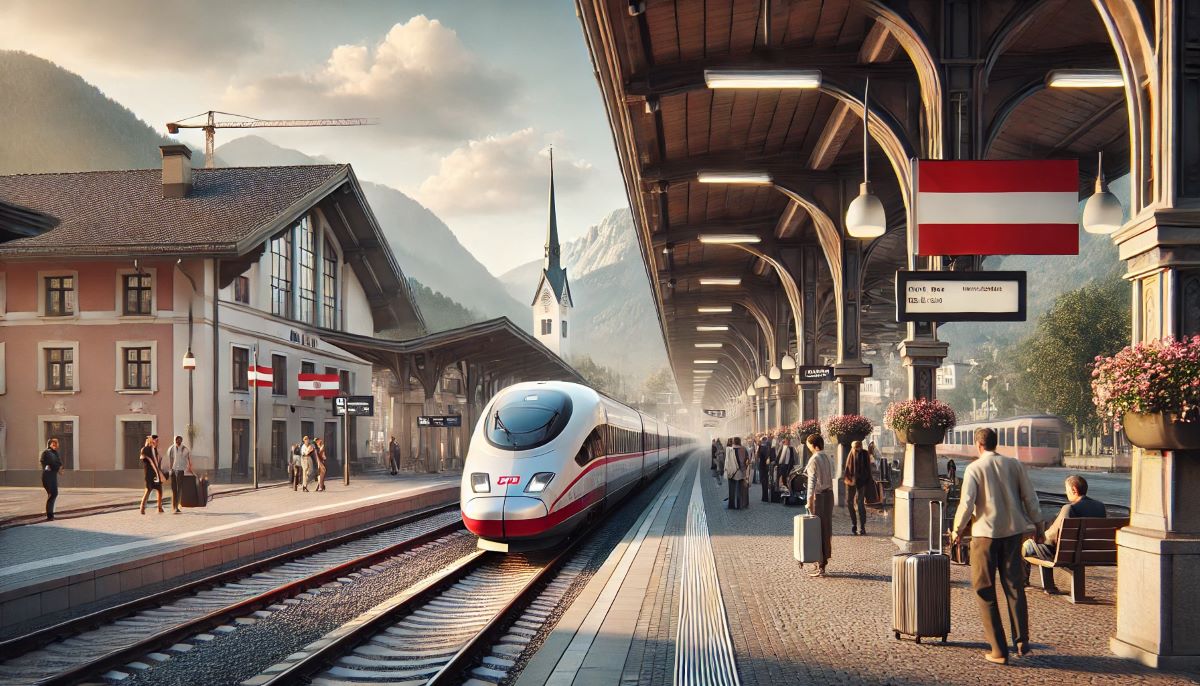 Ein realistisches Bild eines Bahnhofs in Österreich mit modernen und klassischen europäischen Architekturelementen.