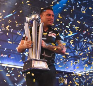 Aufnahme von Gerwyn Price nach dem Gewinn der Darts-Weltmeisterschaft im Jahr 2021.