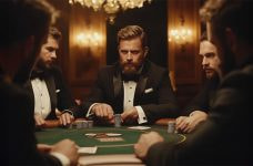 Herren mittleren Alters sitzen im Smoking um einen Pokertisch und spielen eine Partie Poker.