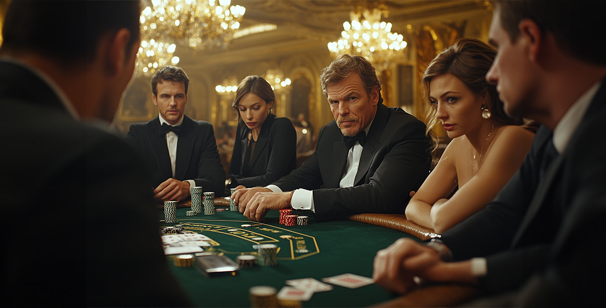 Eine bunt gemischte Gruppe von Leuten spielt Poker in einem luxuriösen Casino. 