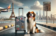 Ein realistisches Reise-Bild mit einem freundlichen Hund, der neben einem Koffer an einem internationalen Flughafen oder einem malerischen Urlaubsziel sitzt.