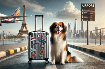 Ein realistisches Reise-Bild mit einem freundlichen Hund, der neben einem Koffer an einem internationalen Flughafen oder einem malerischen Urlaubsziel sitzt.