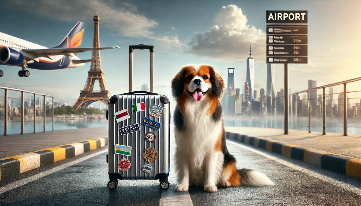 Ein realistisches Reise-Bild mit einem freundlichen Hund, der neben einem Koffer an einem internationalen Flughafen oder einem malerischen Urlaubsziel sitzt.